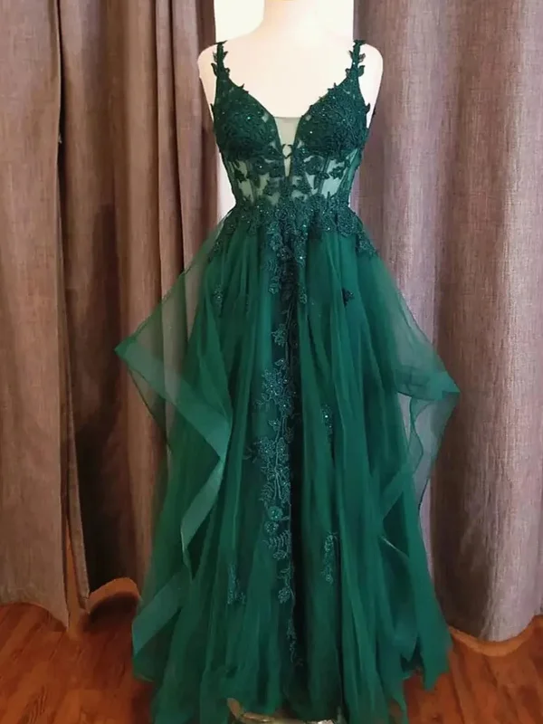 glam party dressesV Neck Green Lace Long Prom Dresses, Green Lace Formal Dresses, Green Evening Dresses SP2919