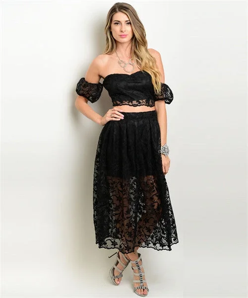 women's fair-trade solid-color skirtsMisses Black Lace Crop Top and Skirt Set