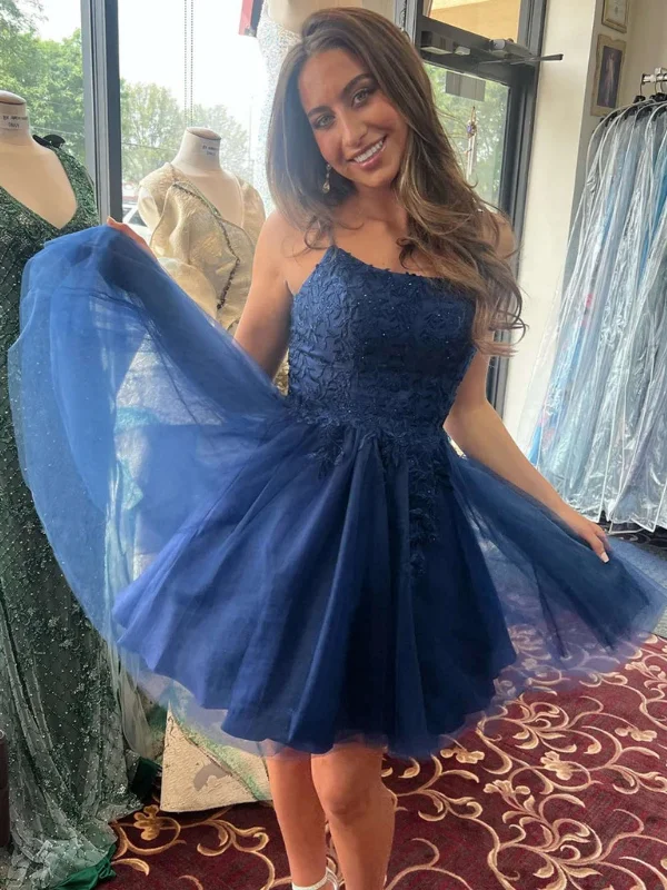 birthday party dressesBlue Lace Short Prom Dresses, Blue Tulle Homecoming Dresses, Short Blue Formal Graduation Evening Dresses SP2788