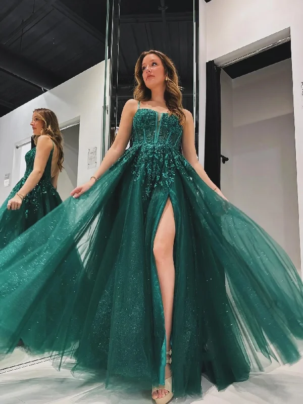 velvet party dressesA Line V Neck Backless Green Lace Long Prom Dresses with High Slit, Green Lace Formal Graduation Evening Dresses SP3035