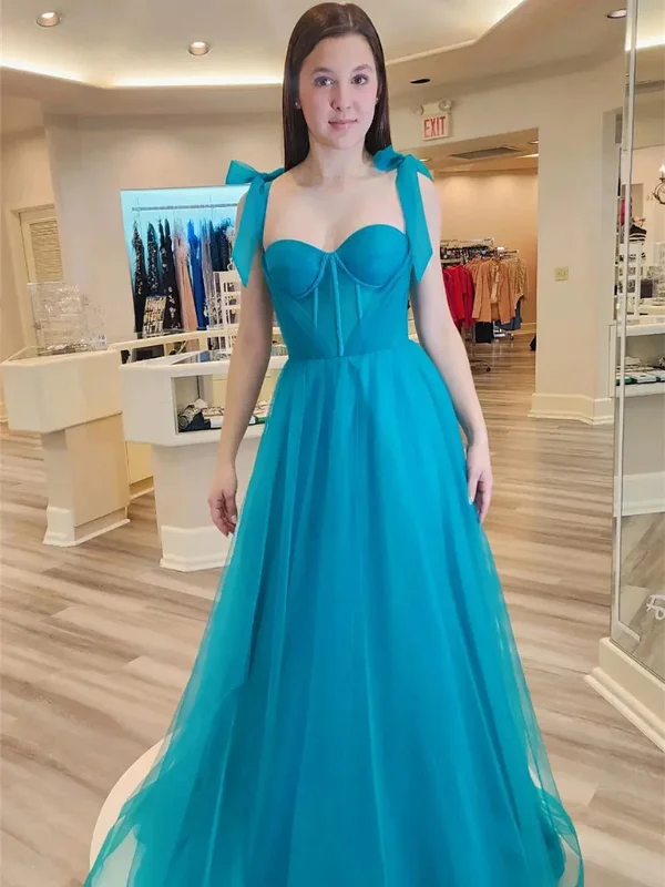 halter-neck party dressesSweetheart Neck Bow Tie Shoulder Blue Tulle Long Prom Dresses, Long Blue Formal Graduation Evening Dresses SP2889