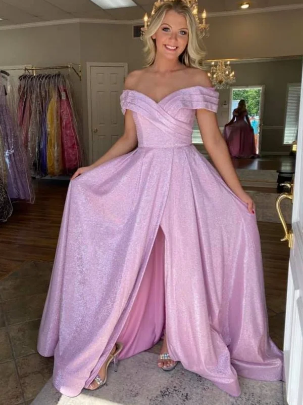 birthday party dressesOff Shoulder Pink Long Prom Dresses with High Slit, Long Pink Formal Graduation Evening Dresses SP2926