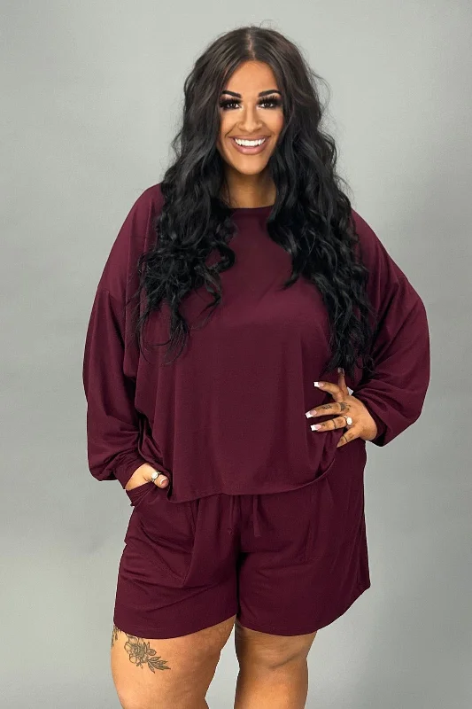 women's long sleeve tops with ethical sourcingSALE!! 21 SET-E {The Good Life} Burgundy Long Sleeve Short Set PLUS SIZE 1X 2X 3X