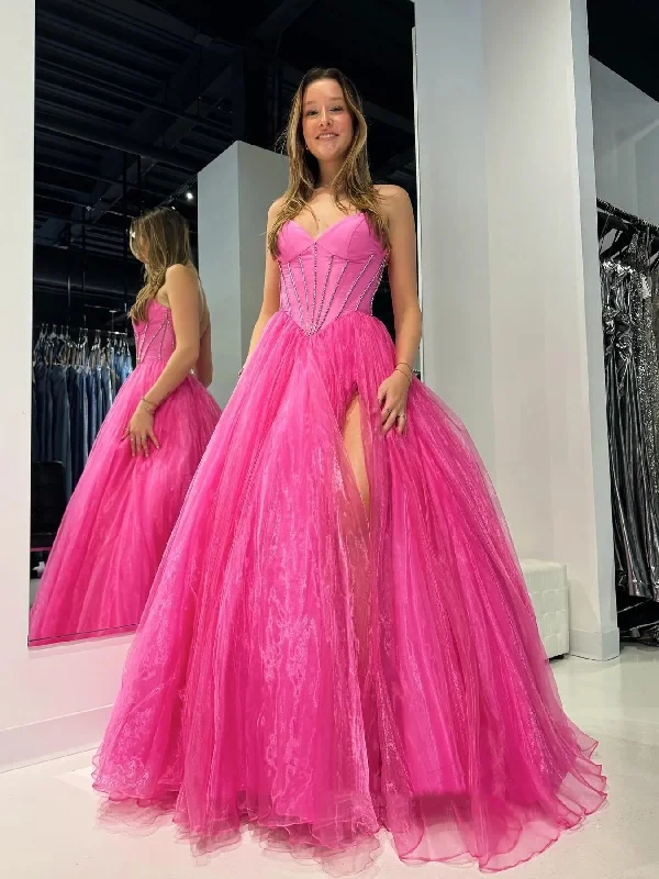 halter-neck party dressesA Line Strapless Hot Pink Tulle Long Prom Dresses with High Slit, Long Hot Pink Formal Graduation Evening Dresses SP3034