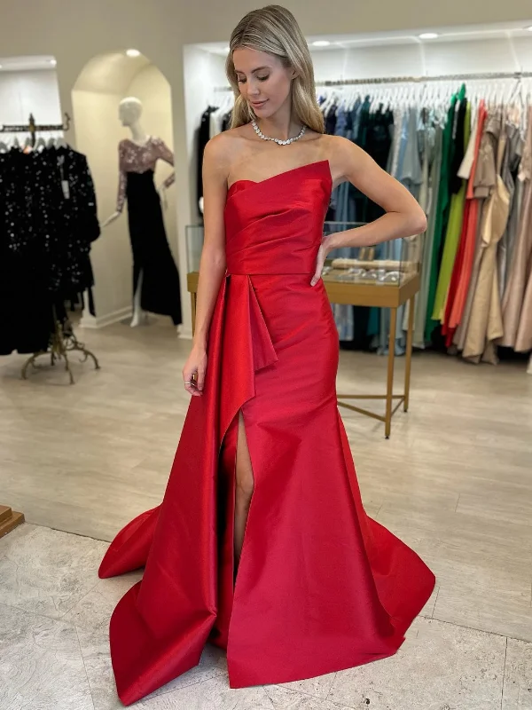 affordable party dressesStrapless Mermaid Red Long Prom Dresses with High Slit, Mermaid Red Formal Dresses, Red Evening Dresses SP2971