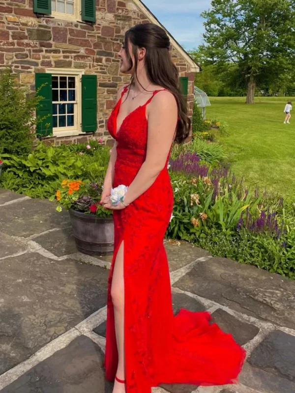 figure-flattering party dressesOpen Back V Neck Mermaid Red Lace Long Prom Dresses with High Slit, Mermaid Red Formal Dresses, Red Lace Evening Dresses SP2934