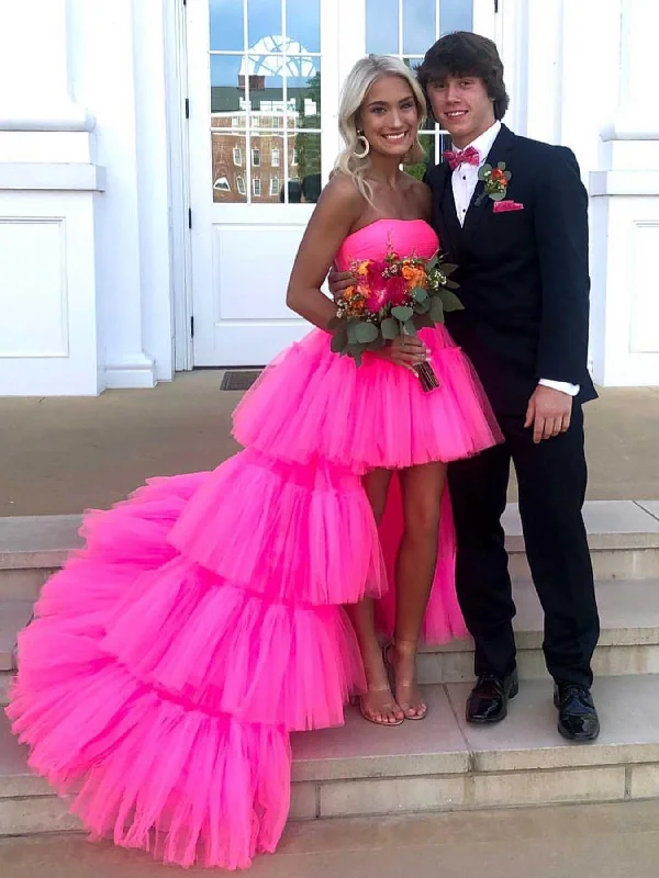 off-the-shoulder party dressesStrapless High Low Hot Pink Tulle Long Prom Dresses, High Low Hot Pink Formal Dresses with Train, Hot Pink Evening Dresses SP2955