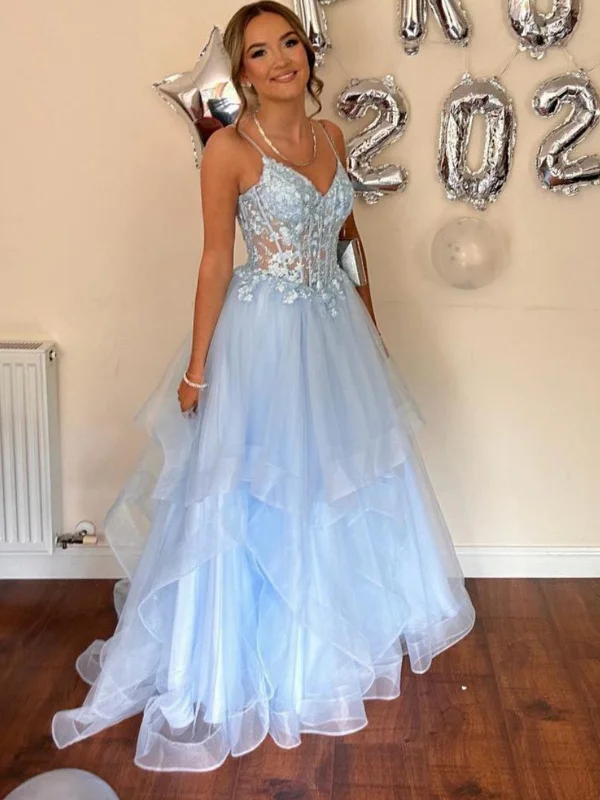 animal print party dressesA Line V Neck Light Blue Lace Long Prom Dresses, Light Blue Lace Formal Dresses, Light Blue Tulle Evening Dresses SP2993