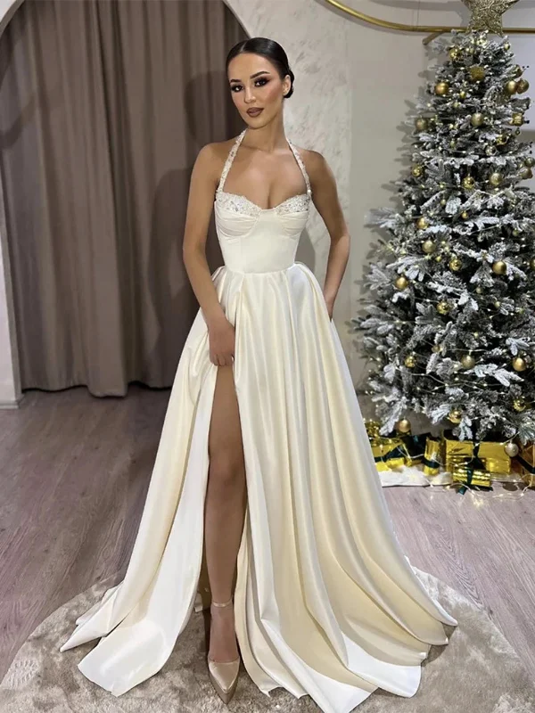 satin party dressesA Line Sequins Top White Satin Long Prom Dresses with High Slit, Long White Formal Graduation Evening Dresses SP2892