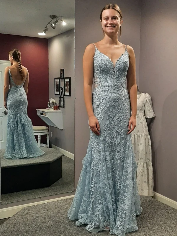 short party dressesV Neck Open Back Mermaid Blue Lace Long Prom Dresses, Mermaid Blue Formal Dresses, Blue Lace Evening Dresses SP3039