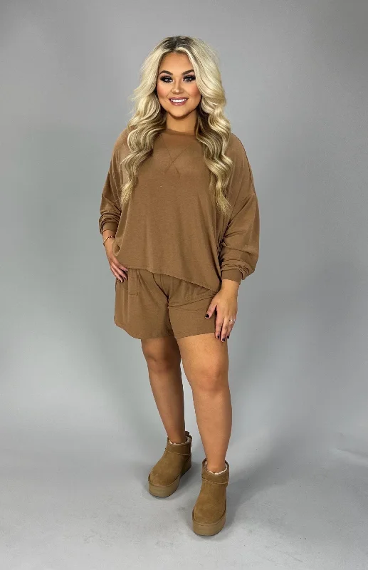 women's long sleeve tops with wrinkle-resistant fabric21 SET-I {The Good Life} Camel Long Sleeve Short Set PLUS SIZE 1X 2X 3X