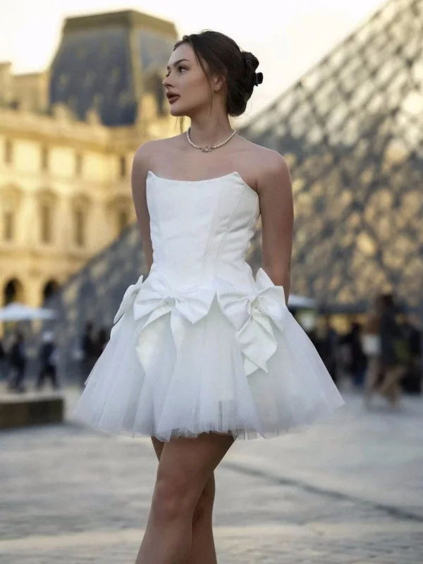 lace party dressesStrapless White Satin Short Prom Dresses, White Homecoming Dresses, Short Formal Evening Dresses SP2984