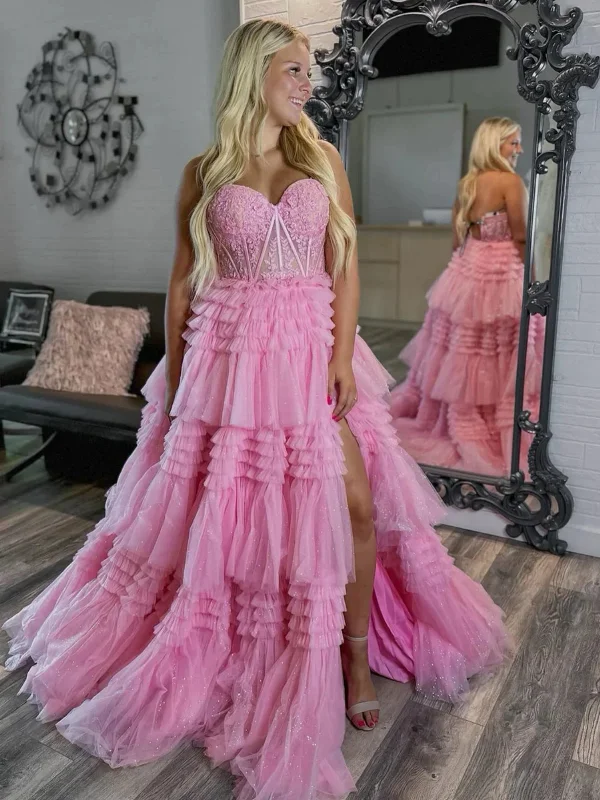 lightweight party dressesStrapless Pink Lace Long Prom Dresses with High Slit, Layered Pink Formal Graduation Evening Dresses SP2902