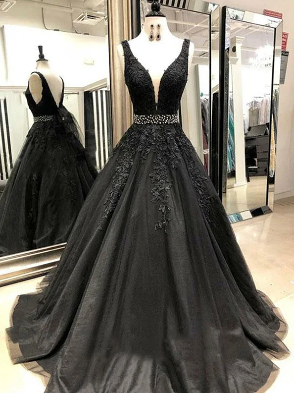 midi party dressesA Line V Neck Black Lace Long Prom Dresses, Lace Black Formal Dresses, Black Evening Dresses