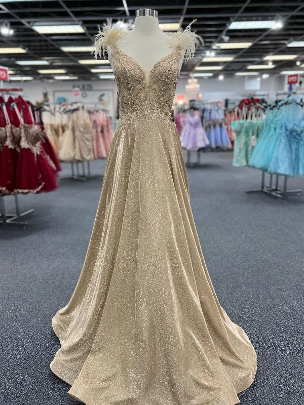 lightweight party dressesShiny A Line V Neck Champagne Lace Long Prom Dresses with Feather, Champagne Lace Formal Graduation Evening Dresses SP2975