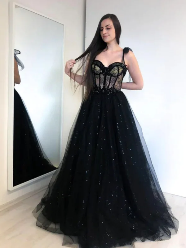 tulle party dressesA Line Sweetheart Neck Black Tulle Long Prom Dresses, Long Black Formal Graduation Evening Dresses SP2940