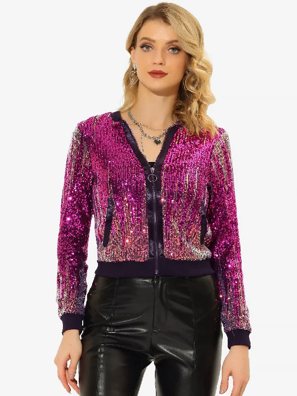 women's long sleeve tops with turtle necksHalloween Sequin Long Sleeve Zipper Ombre Sparkle Bomber Jacket