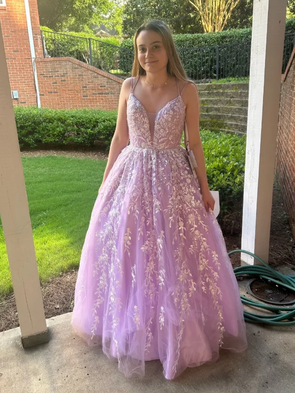 high-low party dressesShiny A Line V Neck Backless Lilac Lace Long Prom Dresses, Lilac Lace Formal Graduation Evening Dresses SP3028