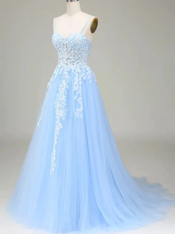 leather party dressesA Line Sweetheart Neck Light Blue Lace Long Prom Dresses, Light Blue Tulle Formal Dresses, Lace Evening Dresses SP2949