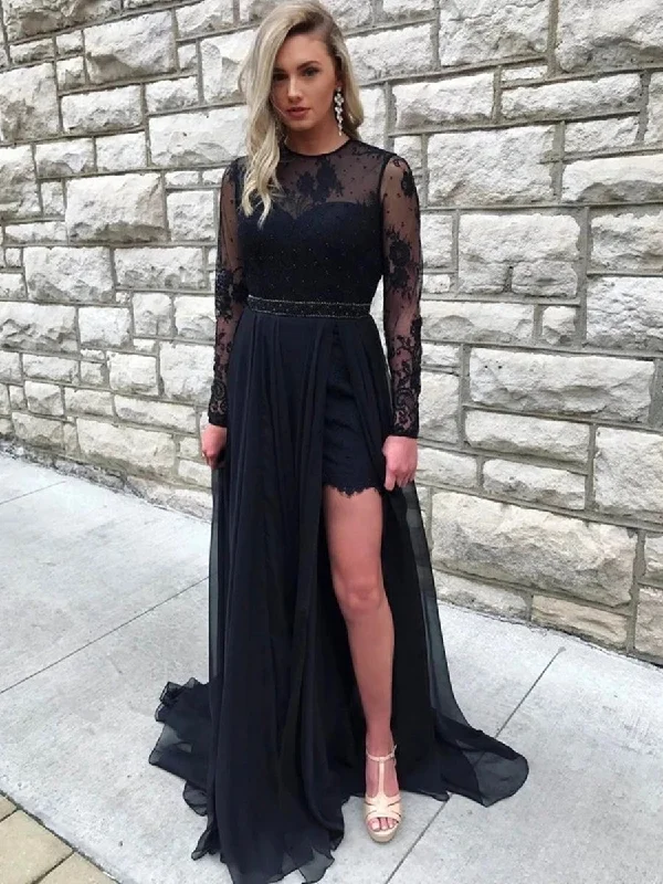 long party dressesRound Neck Long Sleeves Open Back Lace Black Prom Dresses with Slit, Long Sleeves Black Lace Formal Dresses, Black Evening Dresses