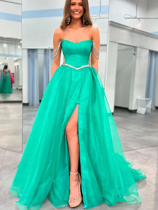 striped party dressesOff Shoulder Beaded Green Long Prom Dresses with High Slit, Off the Shoulder Green Formal Graduation Evening Dresses SP2991