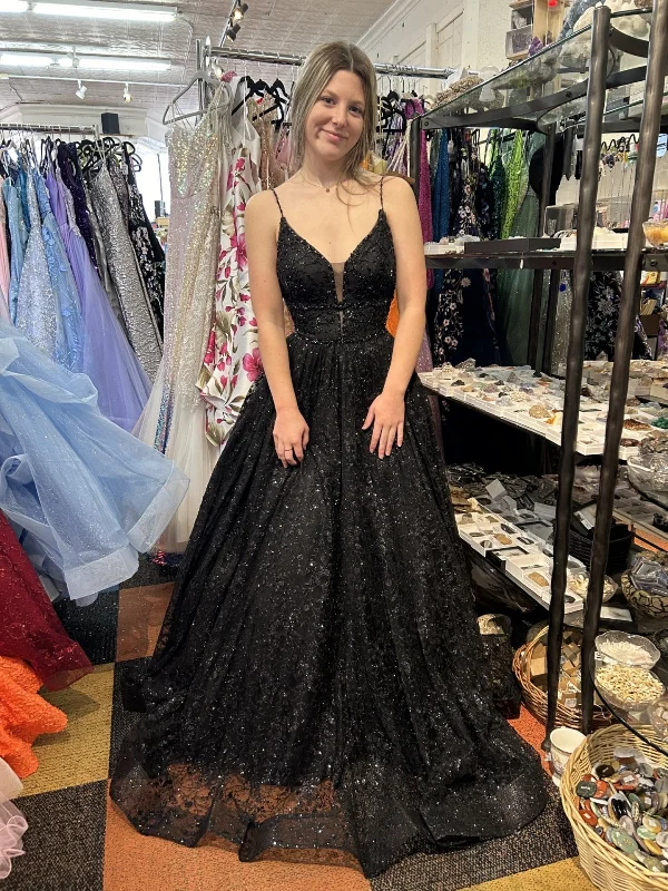 spaghetti-strap party dressesShiny A Line V Neck Black Tulle Long Prom Dresses, Long Black Formal Graduation Evening Dresses SP2954