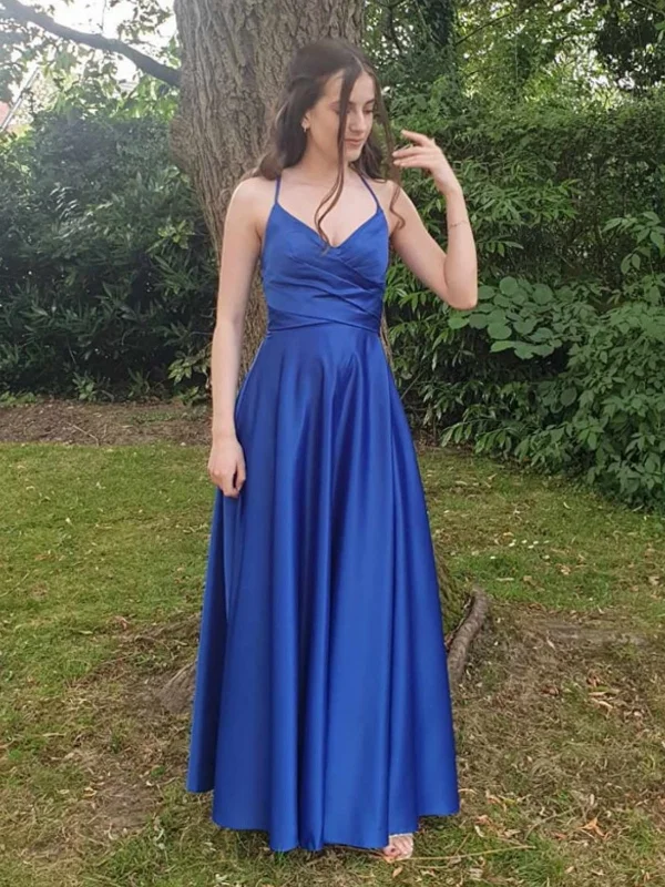 glam party dressesA Line V Neck Backless Royal Blue Long Prom Dresses, Backless Royal Blue Formal Dresses, Long Blue Evening Dresses SP2997