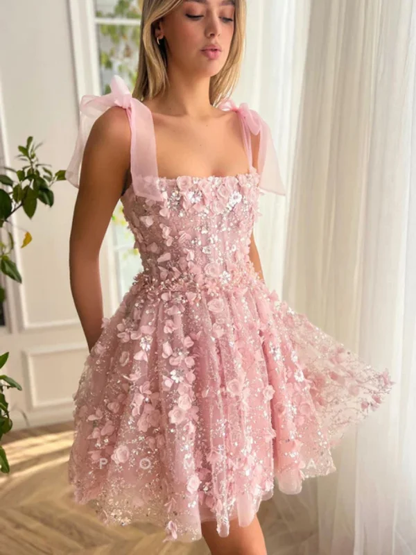 curve-hugging party dressesCute A Line Pink Lace Floral Prom Dresses, Beaded Pink Homecoming Dresses, Short Pink Formal Evening Dresses with 3D Flowers SP2964