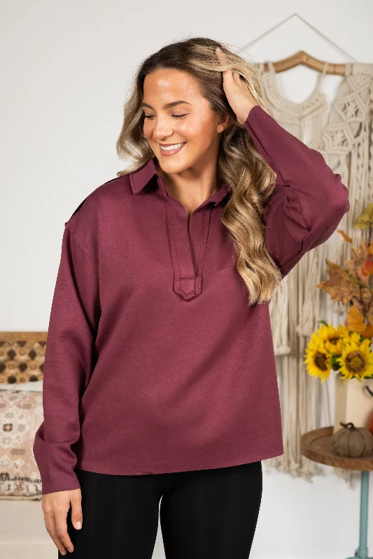 women's long sleeve tops made of cottonPlum V-Neck Collar Knit Long Sleeve Top