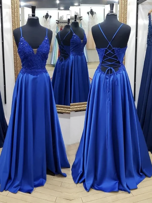 flowy party dressesA Line V Neck Backless Long Blue Lace Prom Dresses, Backless Blue Lace Formal Graduation Evening Dresses