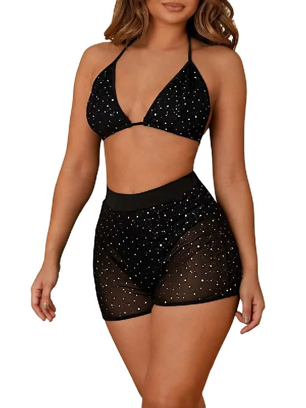 women's checkered shortsBlack Rhinestone Suit - Halter Bra + High Waist Shorts