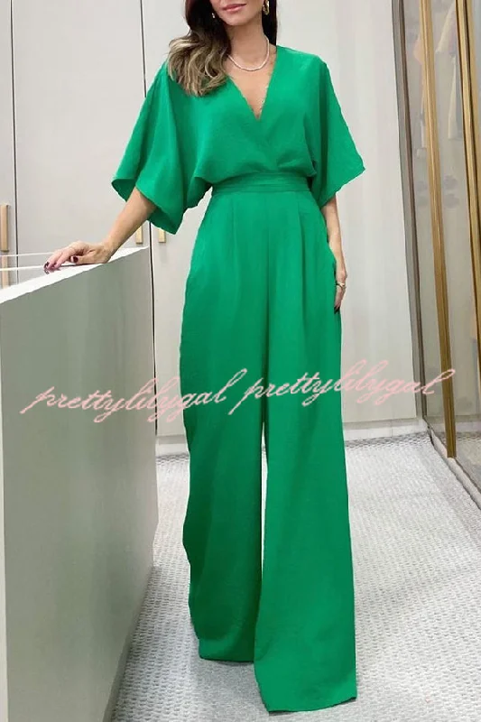 women's jumpsuits with checkered designsEsther Kimono Sleeve Elastic Waist Pocketed Wide Leg Jumpsuit