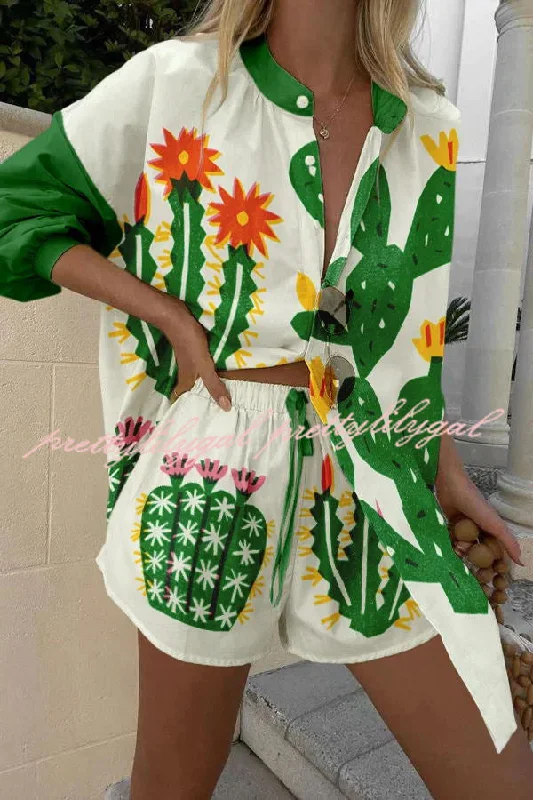 women's chic shortsBeautiful Contrasting Cactus Print Button Pocket Lace Up Shorts Set