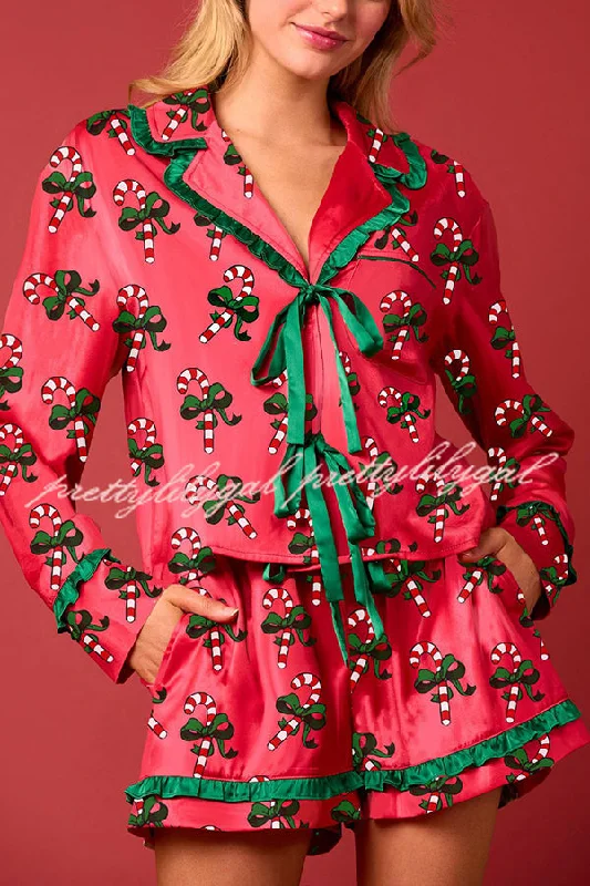 women's buttoned shortsChristmas Holiday Print Bow Tie Long Sleeve and Elastic Waist Loose Shorts Set