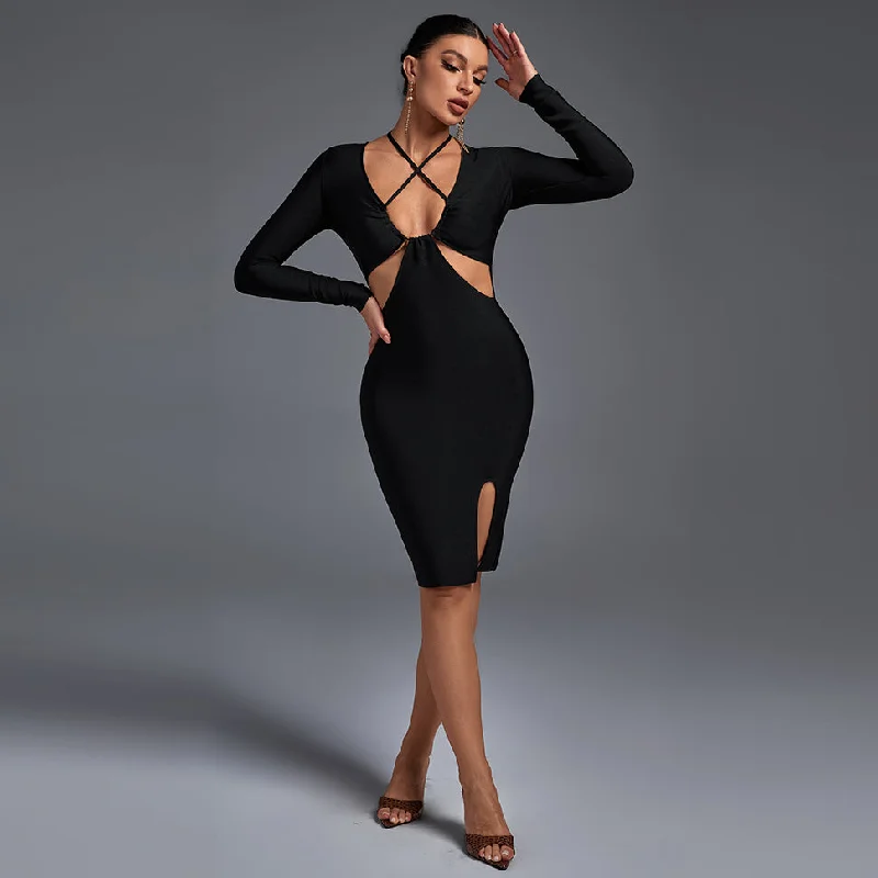 body-hugging midi dressesbody-hugging midi dressesBlack Halter Long Sleeve Hollow out Midi Bandage Dress PP21832