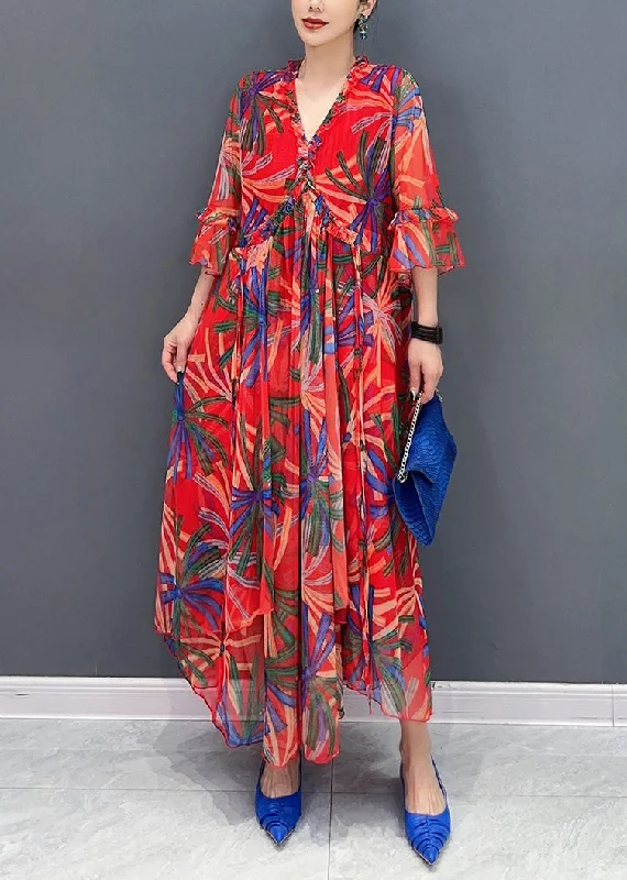 maxi dresses for black-tie eventsStyle Red V Neck Drawstring Vacation Chiffon Maxi Dresses Summer