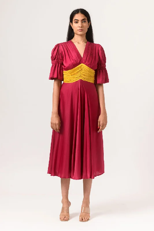 midi dresses with spaghetti strapsmidi dresses with spaghetti strapsWine-Yellow Ruching Midi Dress