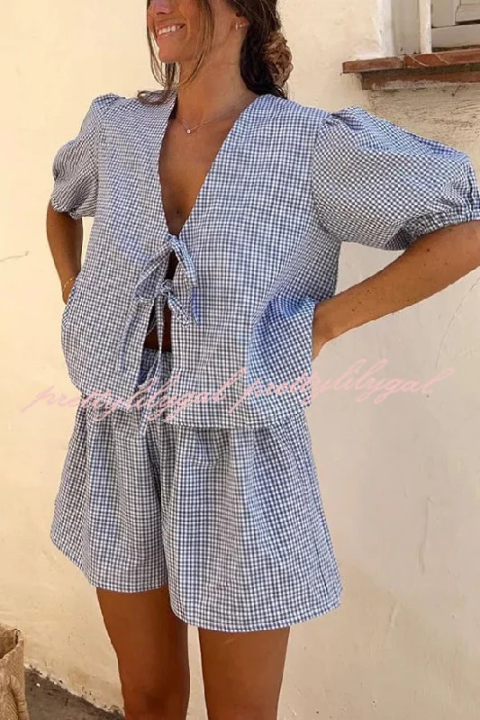 women's affordable shortsFresh and Sweet Plaid Front Lace-up Puff Sleeve Top and Elastic Waist Shorts Set