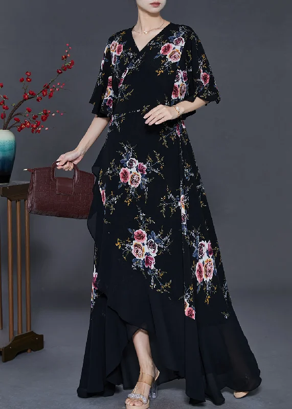 maxi dresses for weddingsElegant Black Asymmetrical Print Chiffon Maxi Dresses Summer