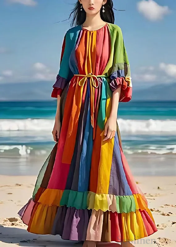 maxi dresses with pockets and sleevesBohemian Rainbow Tie Waist Wrinkled Cotton Maxi Dresses Half Sleeve