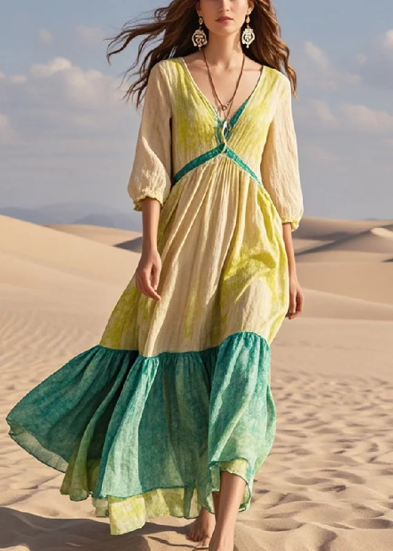 maxi dresses with halter necksFitted Khaki Tie Dye Patchwork Cotton Maxi Dress Summer