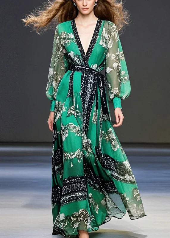 maxi dresses for special occasionsElegant Peacock Green Cinched Print Chiffon Maxi Dresses Spring