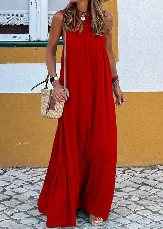 floral print maxi dressesWomen Red Ruffled Solid Cotton Maxi Dress Sleeveless