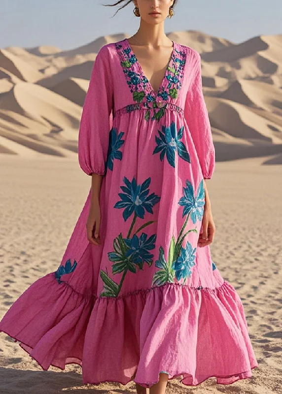 maxi dresses for travelBoho Rose Oversized Print Cotton Maxi Dresses Bracelet Sleeve