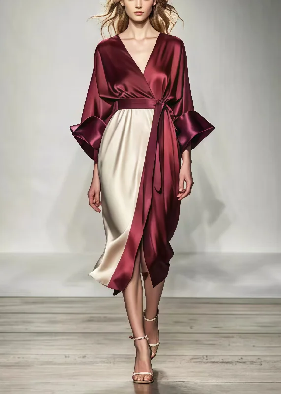 maxi dresses for day-to-night wearFrench Mulberry Cinched Patchwork Silk Maxi Dresses Spring