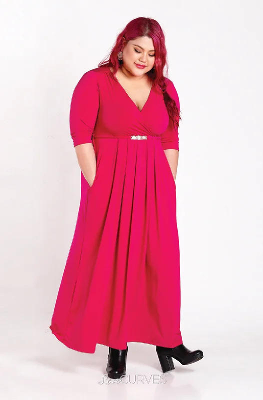 maxi dresses for autumnPleated Wrap Maxi Dress with Charm Belt -Dark Pink - KDR