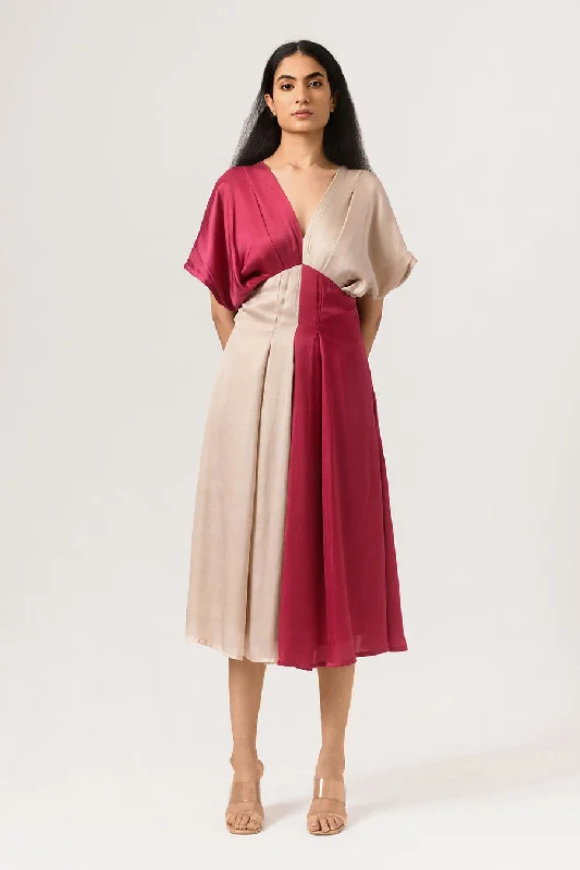 midi dresses with bow detailsmidi dresses with bow detailsWine-Ecru Square Panelled Midi Dress