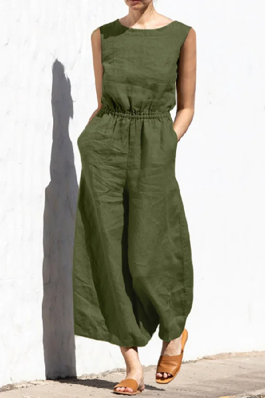 women's jumpsuits with lace detailsFern Linen Blend Pocketed Button Back Elastic Waist Jumpsuit