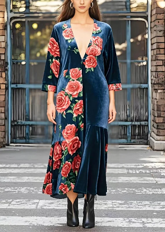 maxi dresses with thigh-high slitsDIY Navy Deep-V Neck Floral Silk Velvet Maxi Dress Bracelet Sleeve