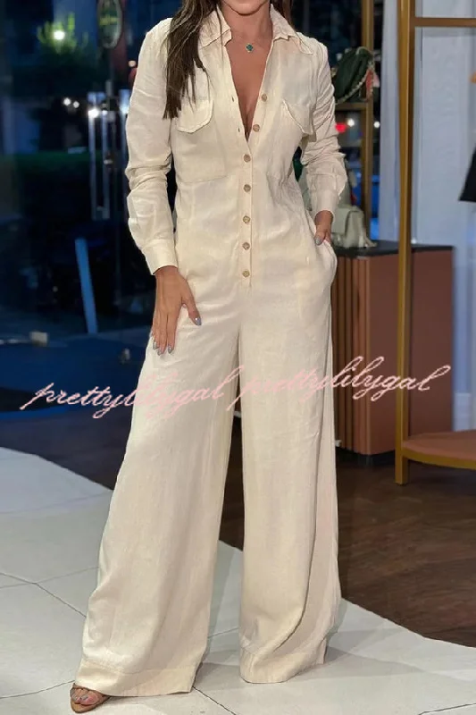 women's jumpsuits with V-necksLinen Blend Lapel Long Sleeve Button Pocket Wide Leg Jumpsuit